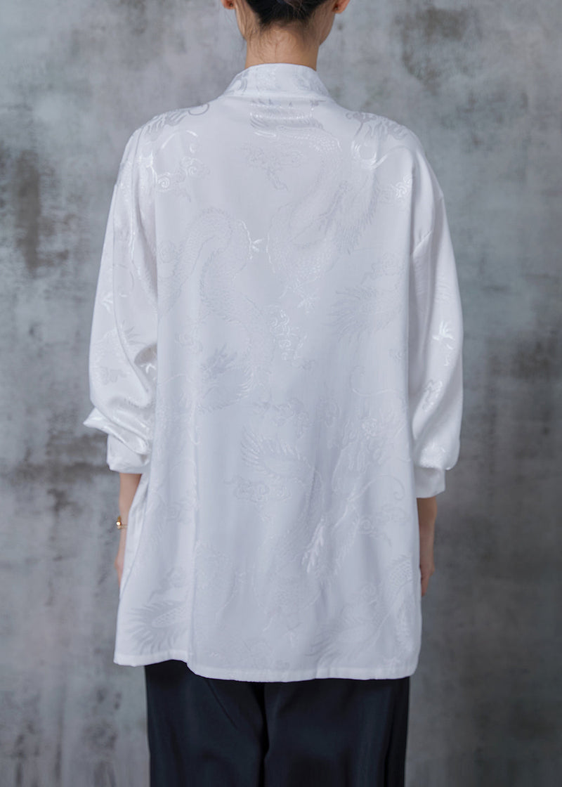 White Oversized Jacquard Silk Blouse Top Spring