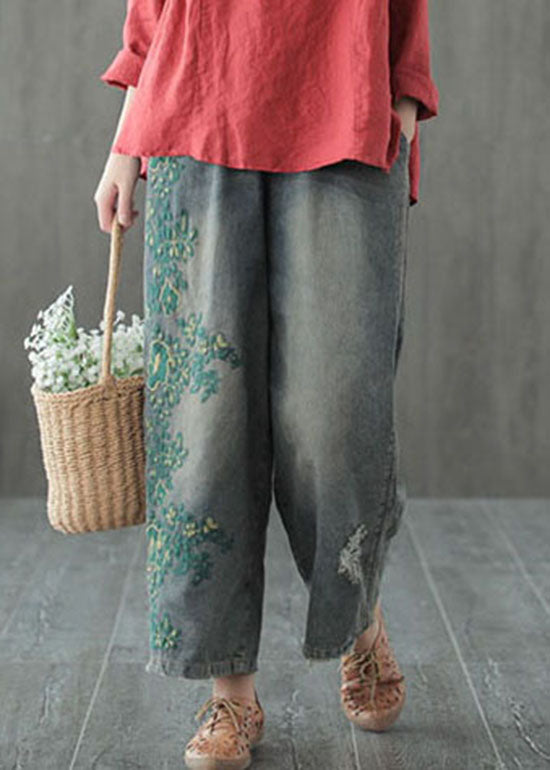 Blue Hole Embroidered Denim Cotton Wide Leg Pants Spring