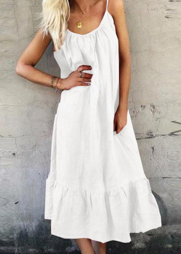 Blue Ruffled Patchwork Cotton Spaghetti Strap Dress Summer