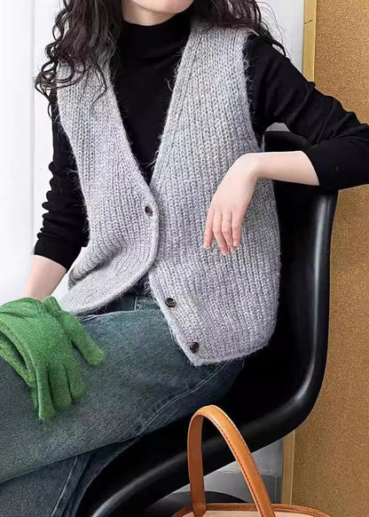 French Grey V Neck Button Knit Vest Sleeveless