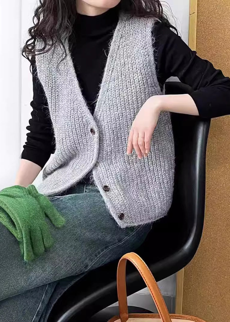 French Grey V Neck Button Knit Vest Sleeveless