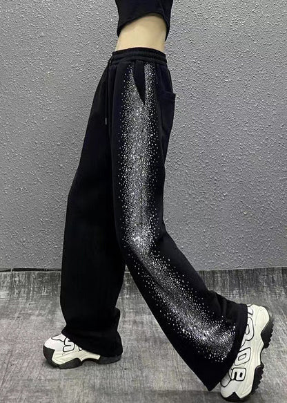 Black Pockets Zircon Elastic Waist Cotton Pants Fall