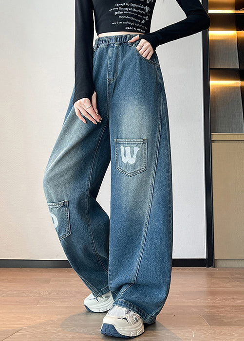 Blue Letter Pockets Elastic Waist Denim Pants Fall