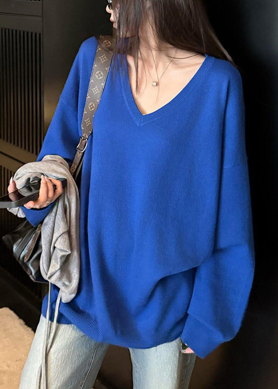 Loose Blue V Neck Knit Sweater Tops Fall
