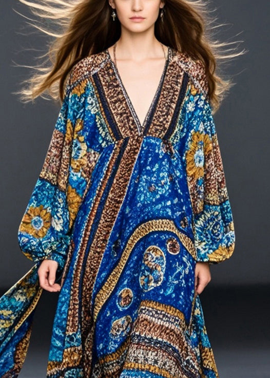 Blue Oversized Print Cotton Maxi Dresses Fall