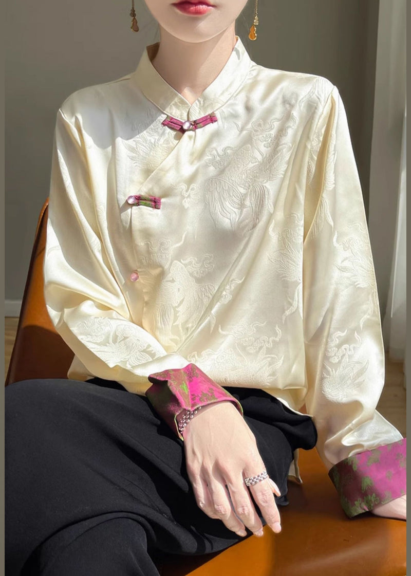 Champagne Stand Collar Button Silk Shirts Fall