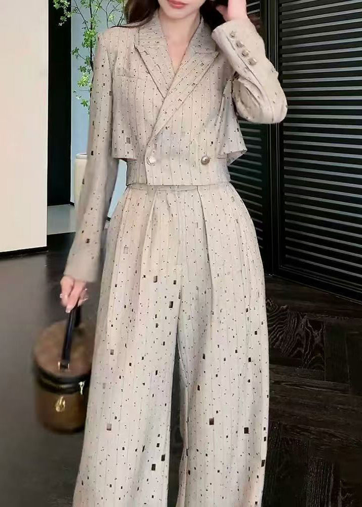Stylish Grey Notched Print Top and Wide Leg Pants Two Pieces Set Spring