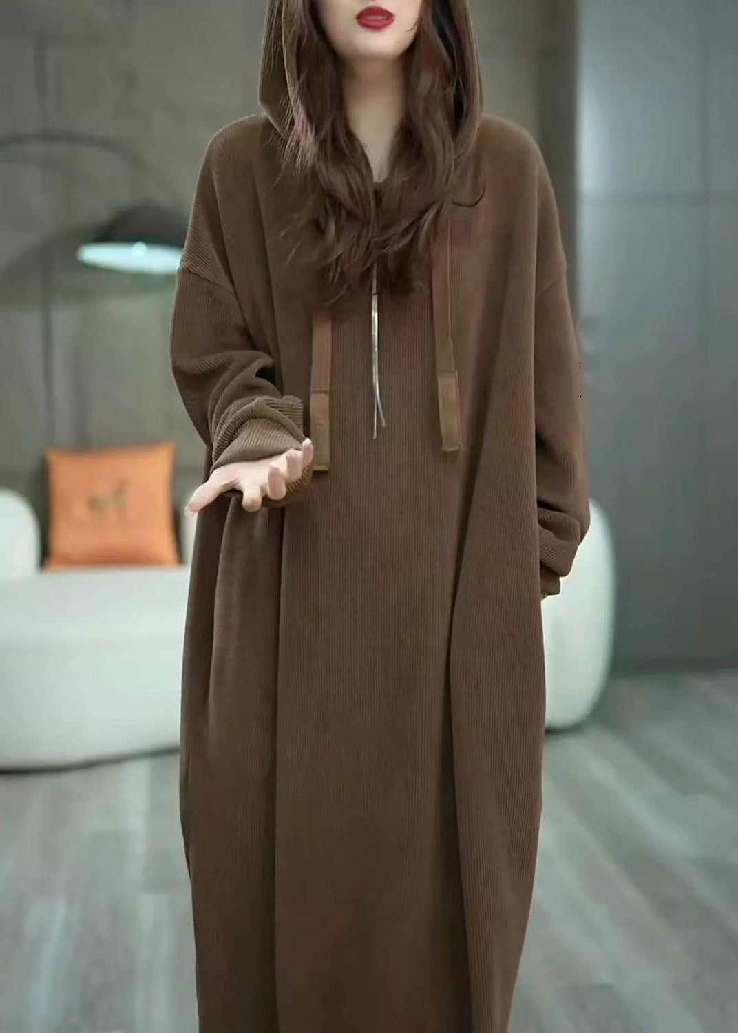 Loose Coffee Hooded Pockets Long Dress Winter