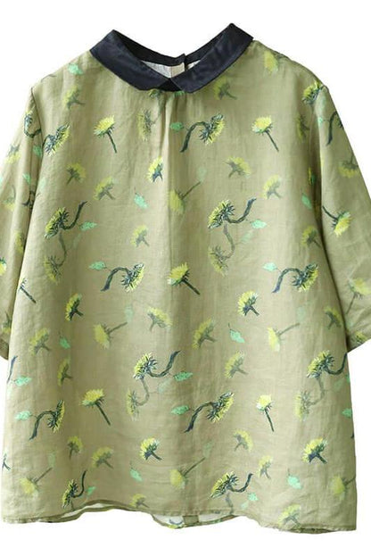 Cotton Linen Breasted Print T-shirt