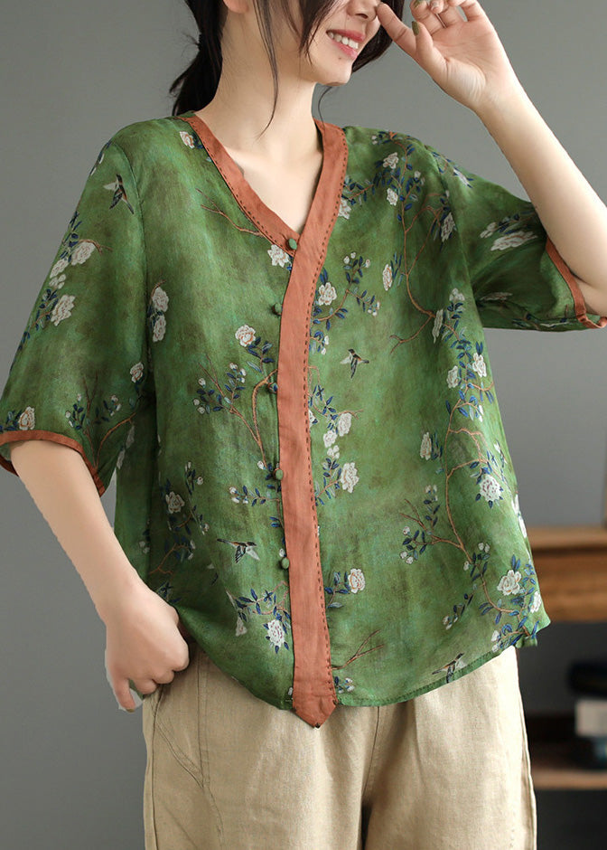 Green Print Ramie T Shirt Summer