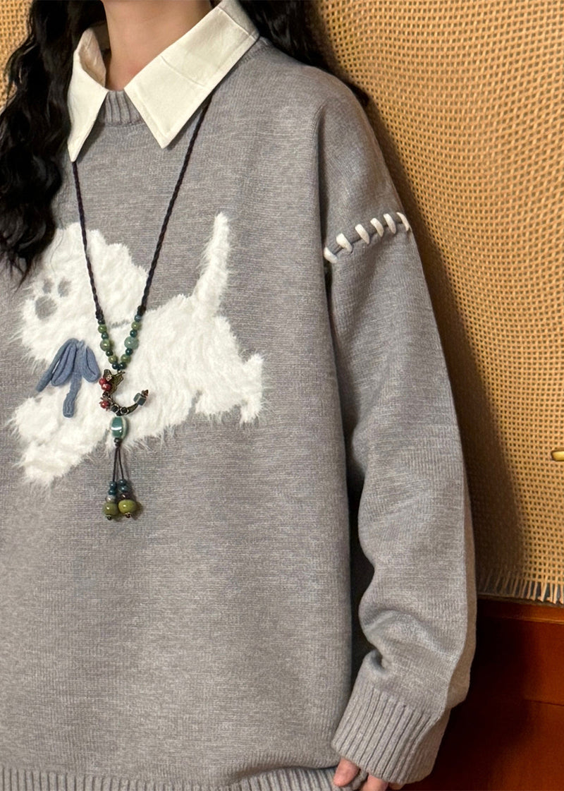 Loose Black O Neck Animal Patchwork Sweaters Spring