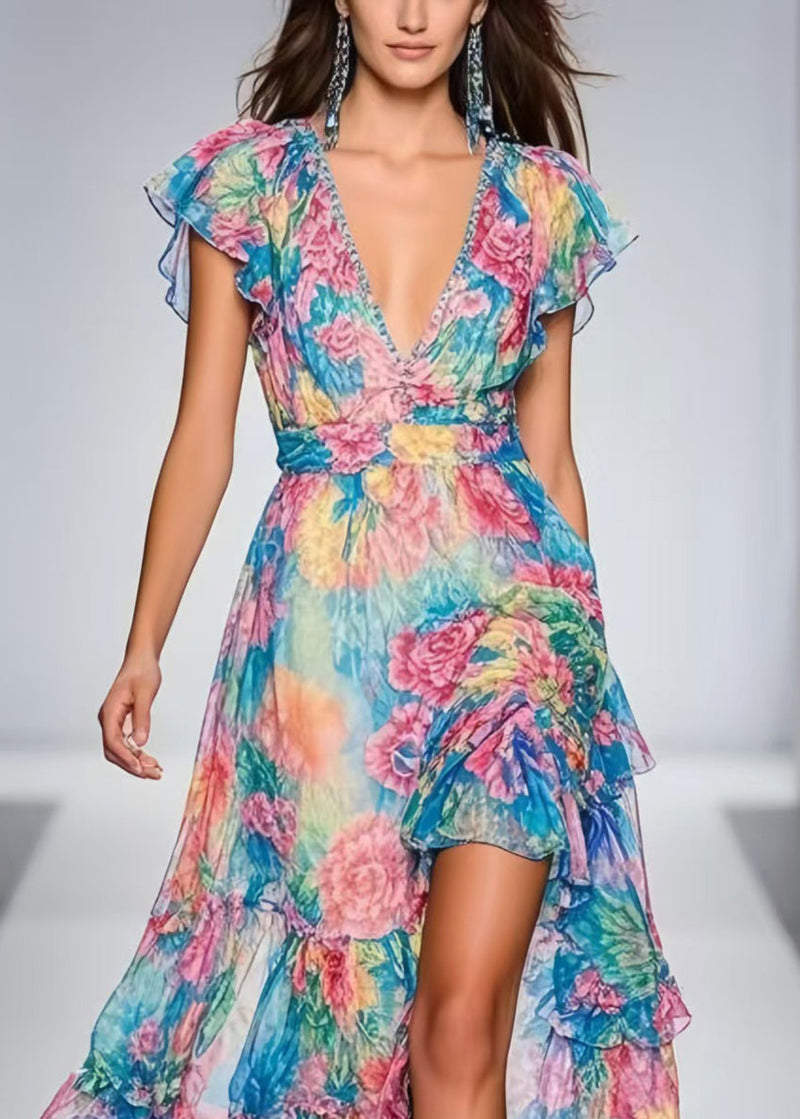 Blue Print Side Open Chiffon Maxi Dresses Summer