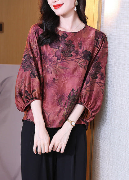 Loose Purple Red O-neck Print Silk T Shirt Lantern Sleeve