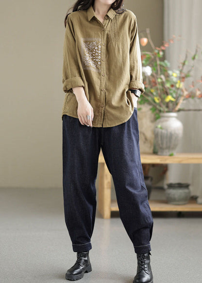 Khaki Lapel Embroidered Wrinkled Linen Shirt Tops Spring
