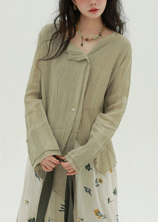 Khaki Button Linen Fall Blouse Asymmetrical