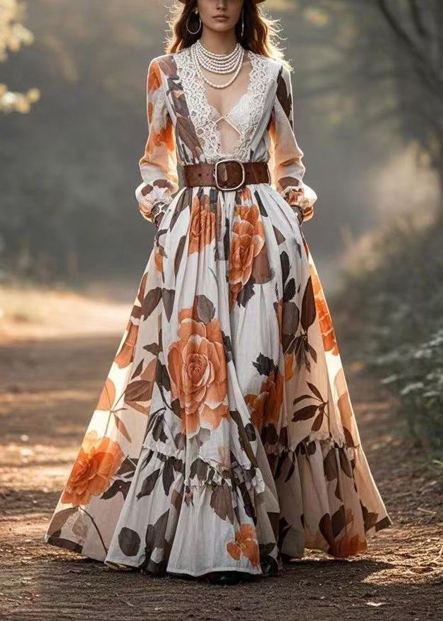 Style V Neck Patchwork Lace Print Cinched Vestidos Dress Spring
