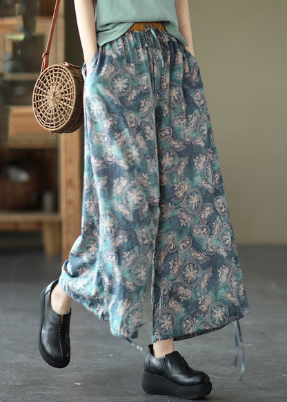 Blue Elastic Waist Pockets Linen Beam Pants Summer