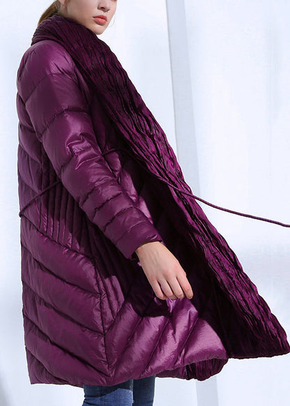 Loose Purple Wrinkled Tie Waist Pockets Fine Cotton Parkas Winter