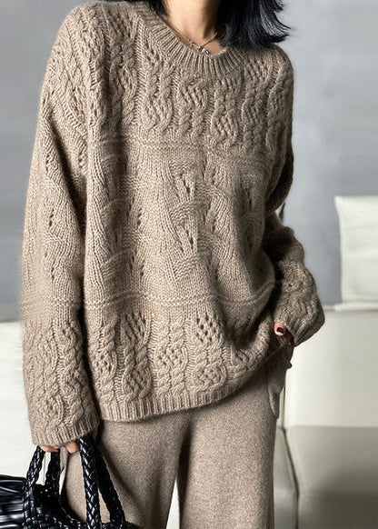 Khaki O-neck Oversized Thick Hollow Out Knitted Tops Winter