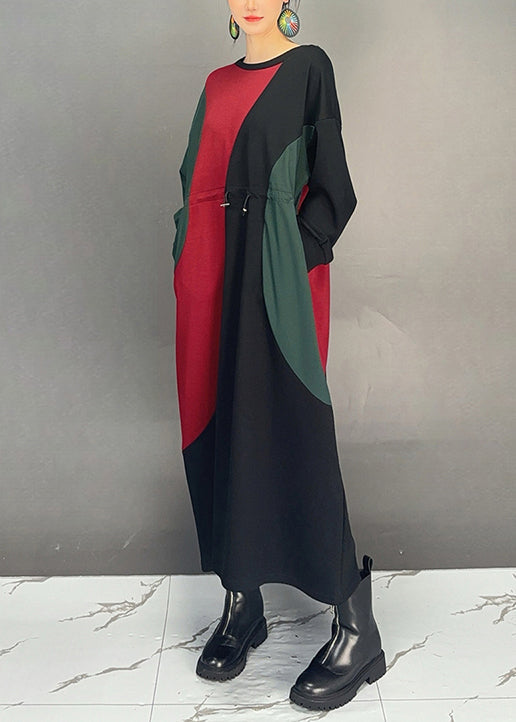 Colorblock O Neck Drawstring Cotton Dress Fall