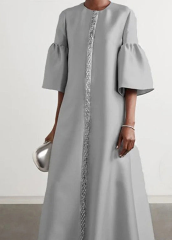 Grey O Neck Patchwork Cotton Long Dress Summer