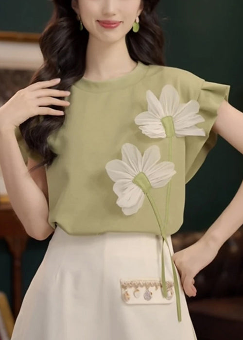 Green Patchwork Cotton Summer T Shirt O Neck
