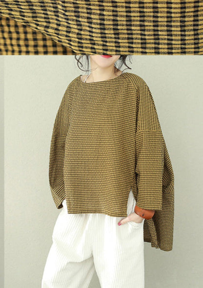 Asymmetric Cotton Fine Work Black Brown Plaid Oversized Tops