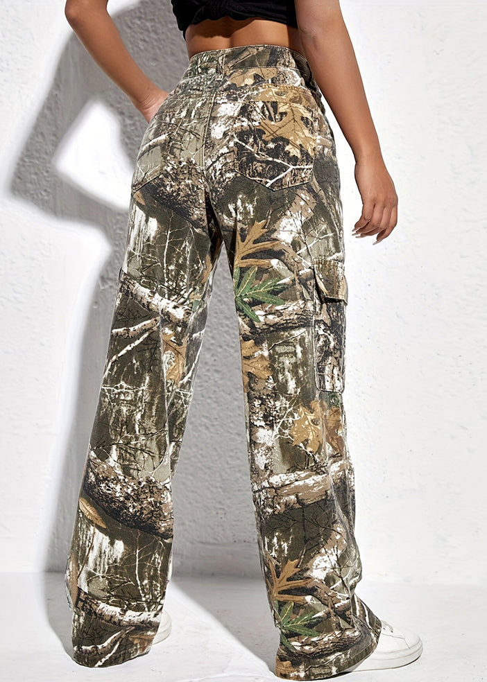 Print Pockets High Waist Cotton Pants Spring