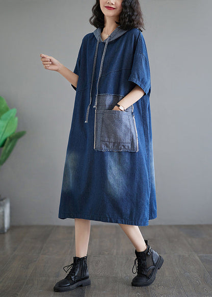 Blue Hooded Patchwork Denim Dress Summer