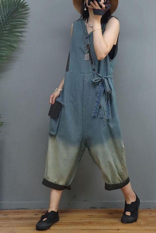 Denim Color Patchwork Patchwork Cinched Sleeveless Jumpsuits Dungarees