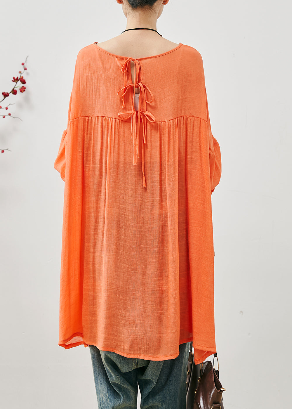 Orange Oversized Lace Up Cotton Tops Fall