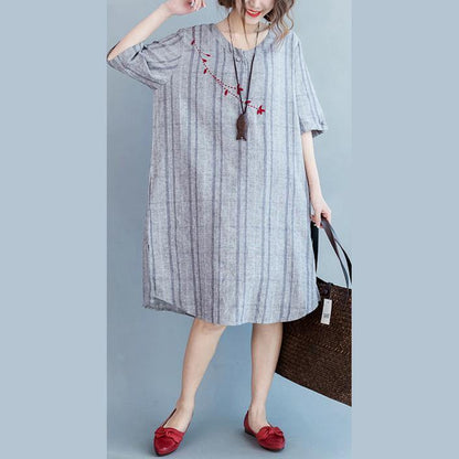 Light Gray Plaid Cotton Linen Dresses Half Sleeve Pockets O Neck Embroidery Cotton Linen Clothing Dresses