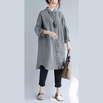 Stylish Black Plaid Cozy Cotton T Shirt Oversize Turn-down Collar Cotton Blouses Fine Long Sleeve Tops