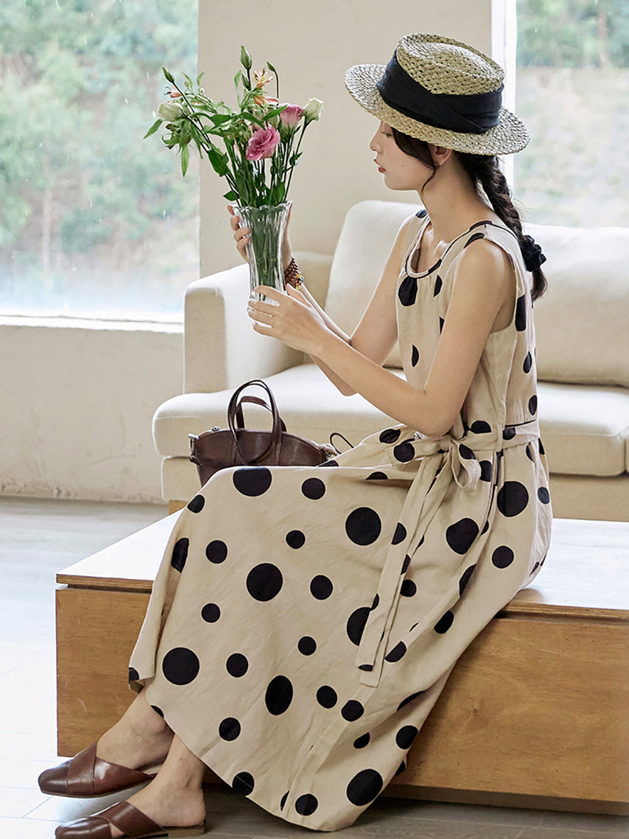 Summer Dot Drawstring Linen Vest Dress