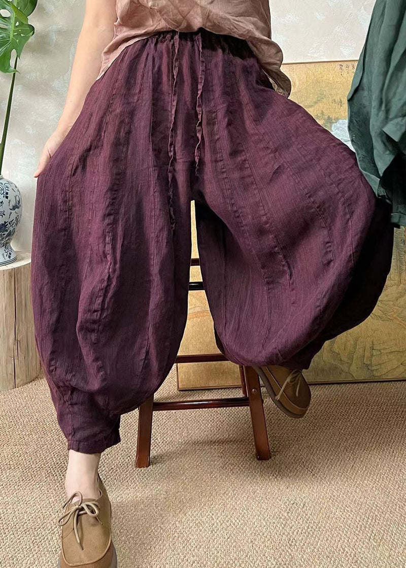 Blackish Green Elastic Waist Linen Lantern Pants Summer