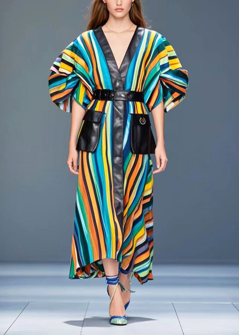 Rainbow Striped Patchwork Pockets Cotton Dress Puff Sleeve