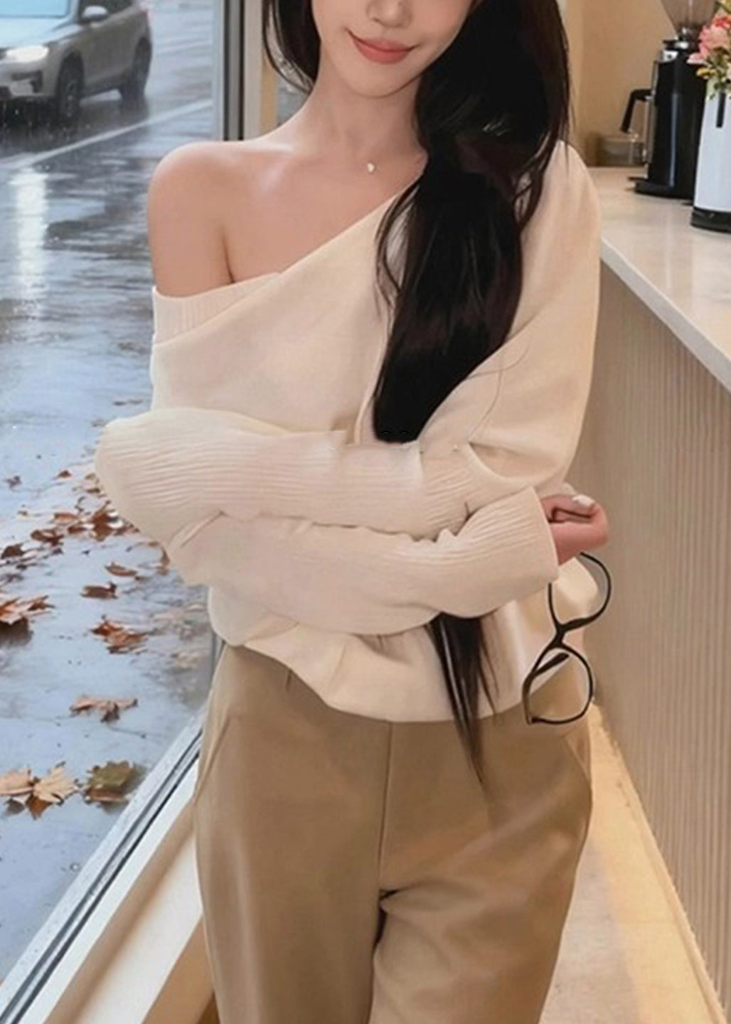 New White Asymmetrical Shoulder Knit Sweaters Batwing Sleeve