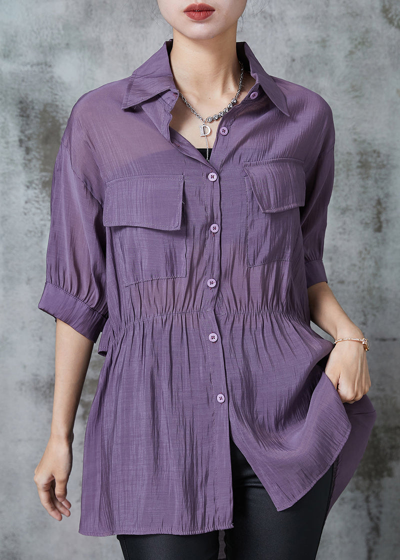 Purple Cinched Pockets Cotton Blouse Tops Summer