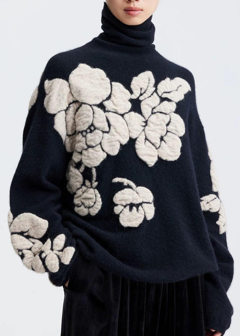 Jacquard Black Turtleneck Wool Knit Sweaters Winter
