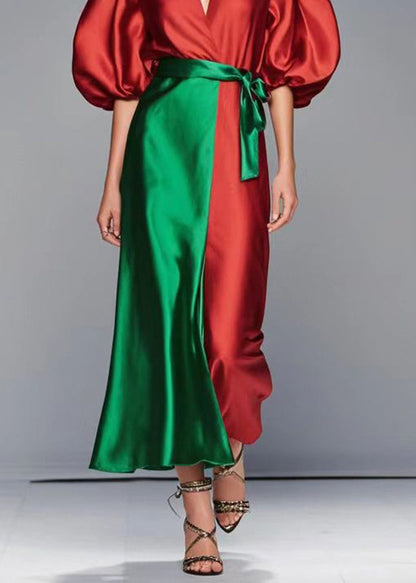 Red Puff Sleeve Patchwork Silk Robe Dresses