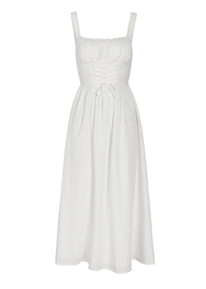 French White Square Collar Wrinkled Patchwork Cotton Spaghetti Strap Dress Summer