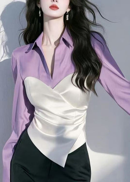 Red Peter Pan Collar Patchwork Silk Shirt Spring