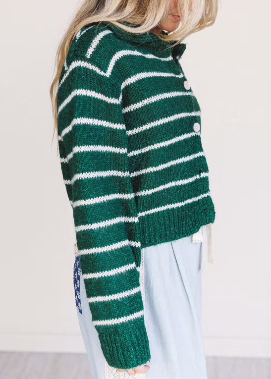French Green Peter Pan Collar Striped Knit Short Sweaters Fall