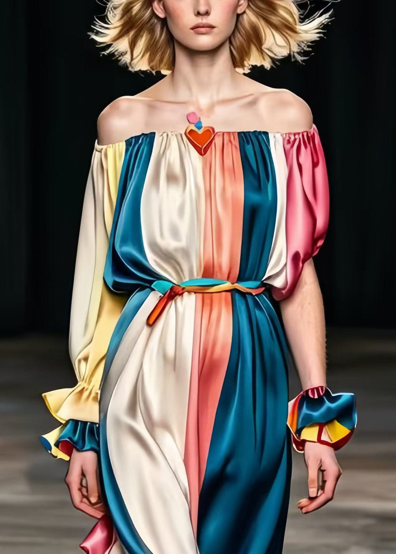 Diy Colorblock Cold Shoulder Patchwork Silk Party Dress Summer