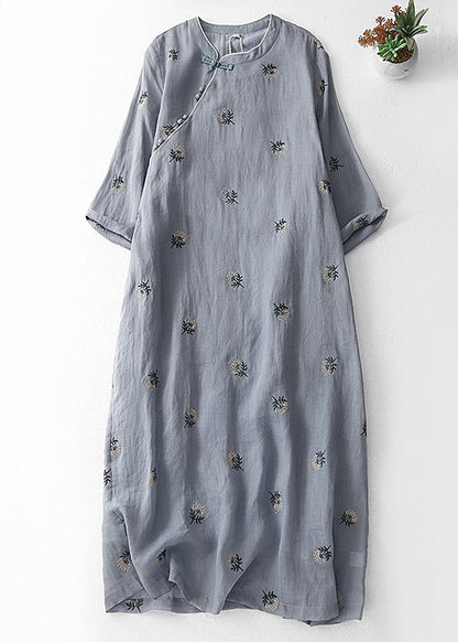 Grey Embroidered Button Cotton Dresses Half Sleeve