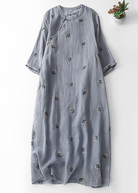 Grey Embroidered Button Cotton Dresses Half Sleeve