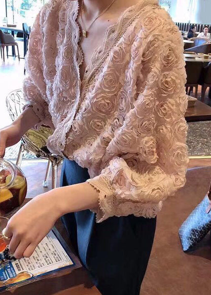 White Button Lace Shirt V Neck Fall