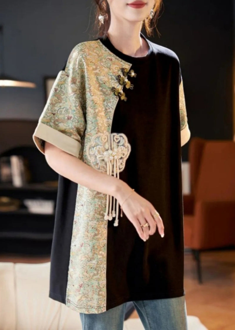 Beige O-neck Print Tassel Button Shirts Short Sleeve