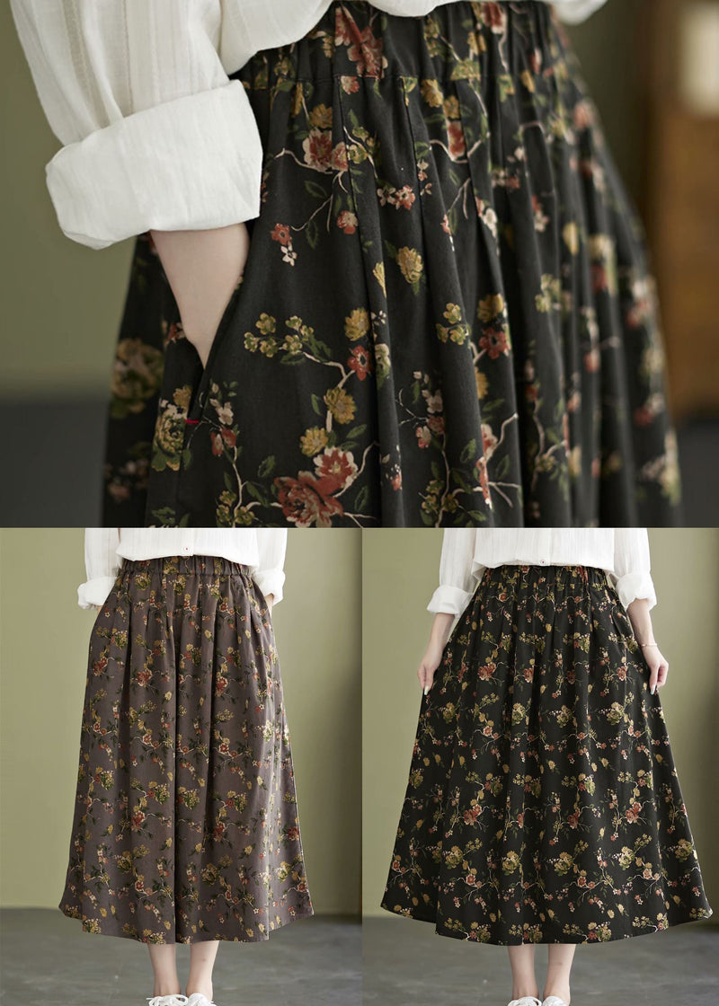 Classy Coffee Elastic Waist Print Cotton a Line Skirt Fall
