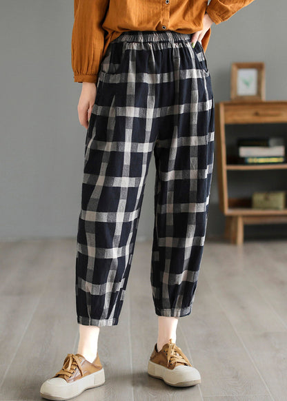Black Plaid High Waist Linen Crop Pants